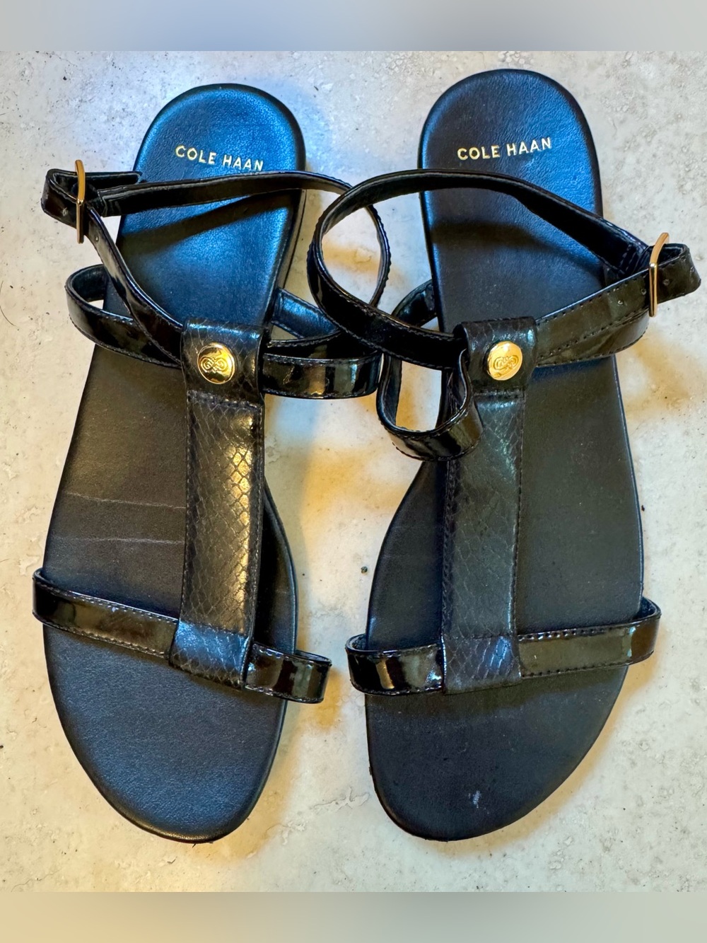 Cole Haan Black Leather T-Strap Sandals with Gold Accent